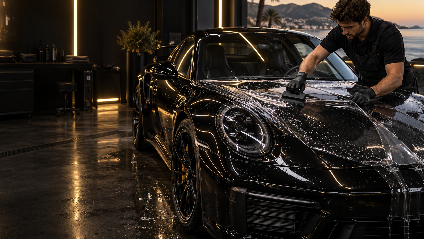 Pose d'un film de protection PPF transparent sur une voiture noire
