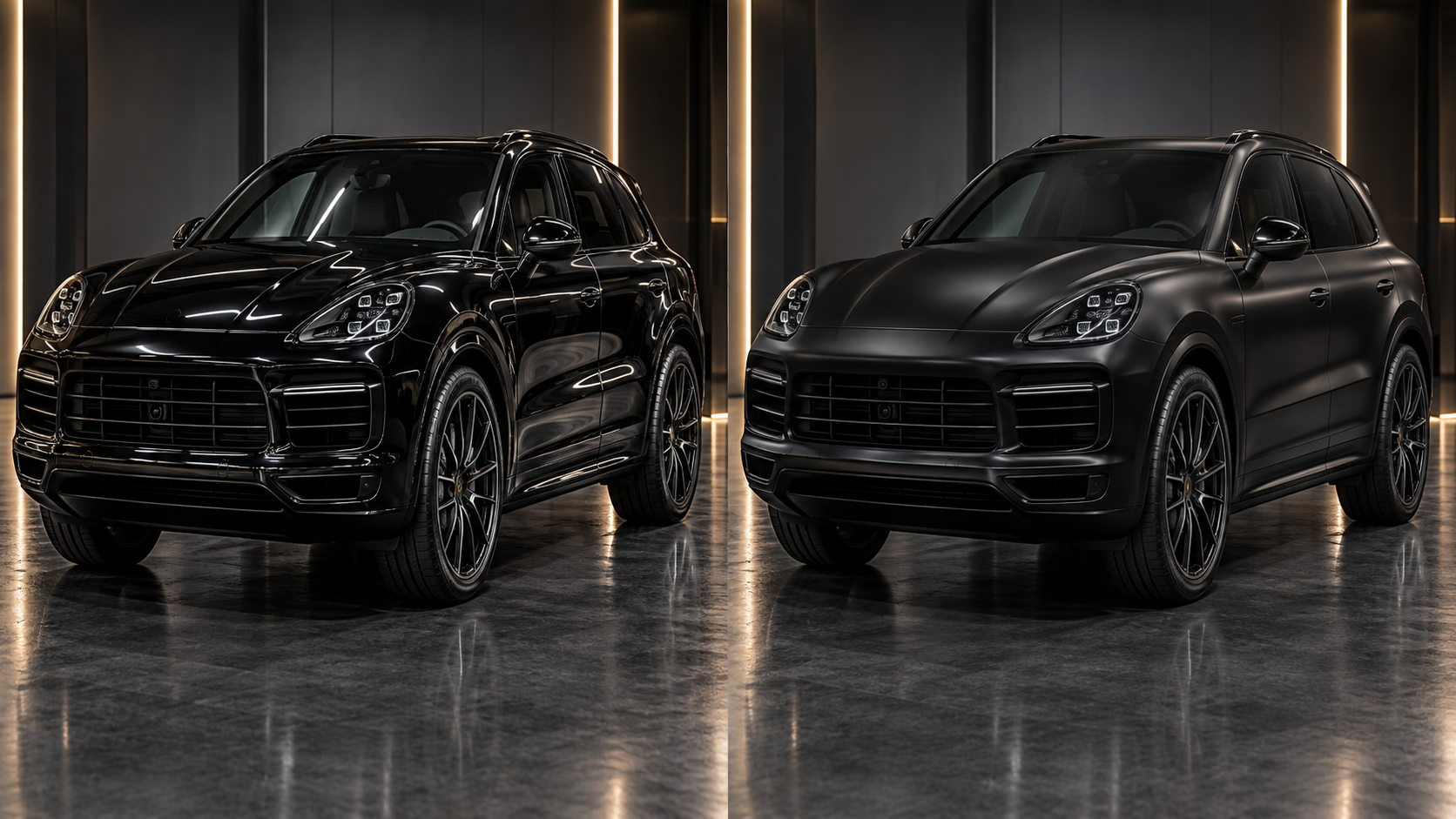 Comparaison d'une voiture noire brillante avant et satinée après pose du PPF